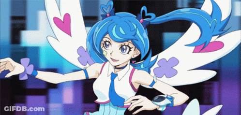 A Girl With Blue Hair And White Wings Has Hearts On Her Wings GIF