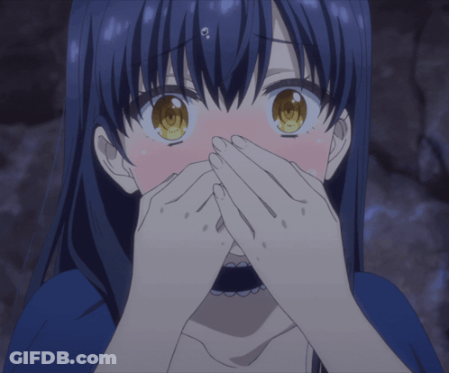 A Girl With Blue Hair And Yellow Eyes Covering Her Mouth With Her Hands GIF