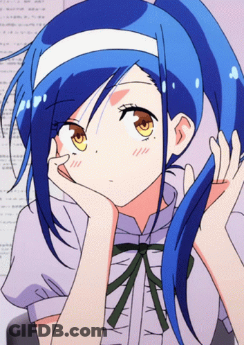 A Girl With Blue Hair And Yellow Eyes Is Looking Up GIF