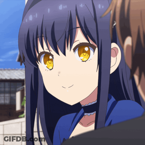 A Girl With Blue Hair And Yellow Eyes Looks At A Man GIF