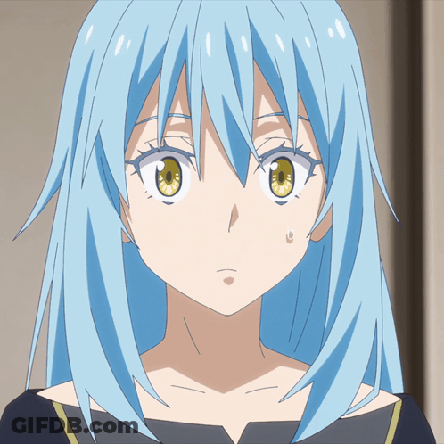 A Girl With Blue Hair And Yellow Eyes Looks Surprised GIF