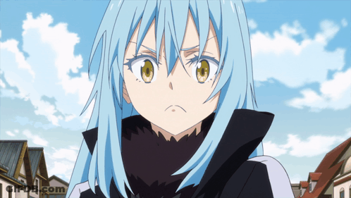 A Girl With Blue Hair And Yellow Eyes Stands In Front Of A City GIF