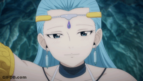 A Girl With Blue Hair Has A Purple Jewel On Her Head GIF