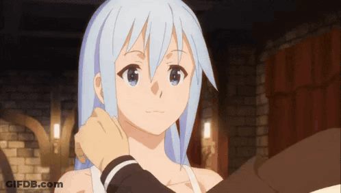 A Girl With Blue Hair Is Being Touched By A Man 'S Hand GIF
