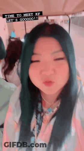 A Girl With Blue Hair Is Blowing A Kiss With The Words Time To Meet Kf Let 'S Gooooo GIF