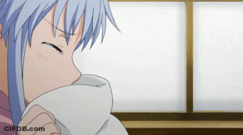 A Girl With Blue Hair Is Covering Her Face With A White Blanket GIF