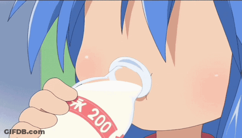 A Girl With Blue Hair Is Drinking Milk From A Bottle That Says 200 On It GIF