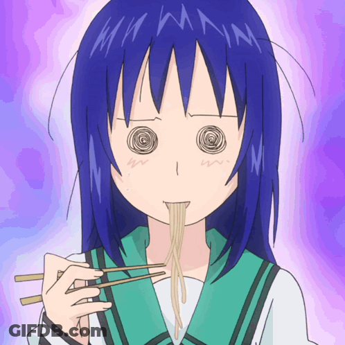 A Girl With Blue Hair Is Eating Ramen With Chopsticks GIF