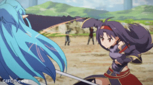 A Girl With Blue Hair Is Fighting Another Girl With Purple Hair And A Sword GIF