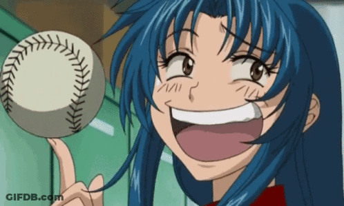 A Girl With Blue Hair Is Holding A Baseball And Smiling GIF