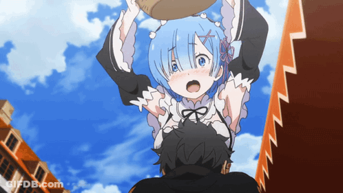 A Girl With Blue Hair Is Holding A Basket Above Her Head GIF