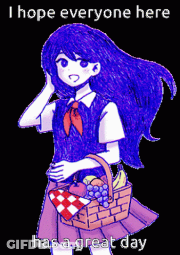 A Girl With Blue Hair Is Holding A Basket Of Fruit GIF