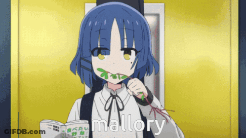 A Girl With Blue Hair Is Holding A Book And The Word Mallory Is On The Bottom GIF