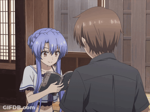 A Girl With Blue Hair Is Holding A Book Next To A Boy GIF