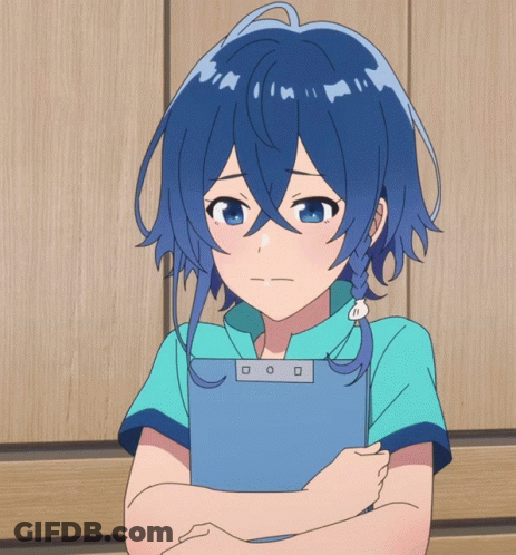 A Girl With Blue Hair Is Holding A Clipboard With The Letter O On It GIF