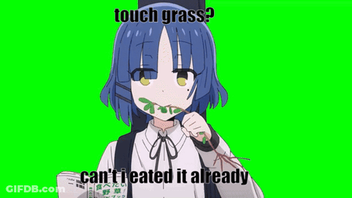 A Girl With Blue Hair Is Holding A Leaf In Her Mouth And Eating It . GIF