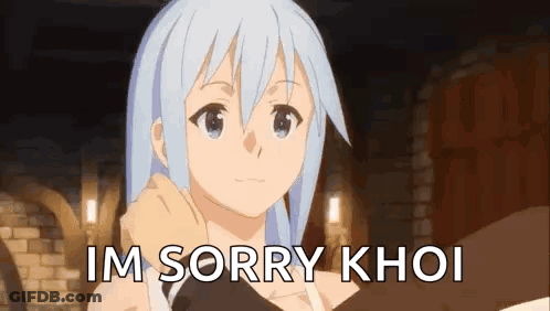 A Girl With Blue Hair Is Holding A Man 'S Hand And Says `` Im Sorry Khi '' . GIF