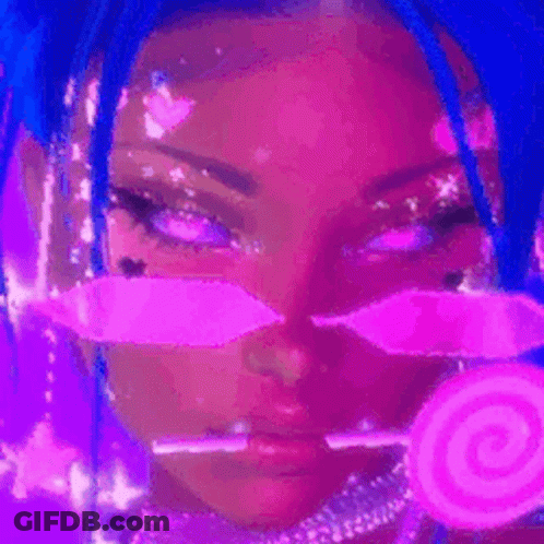A Girl With Blue Hair Is Holding A Pink Lollipop . GIF