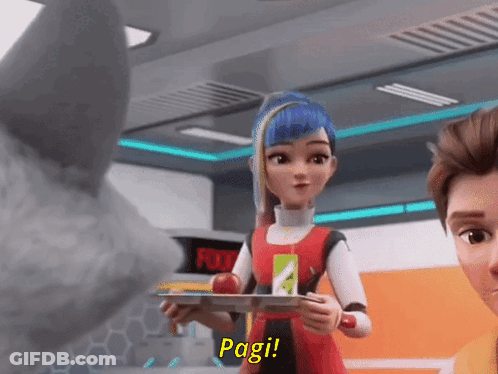 A Girl With Blue Hair Is Holding A Plate Of Food And Says " Pagi " GIF