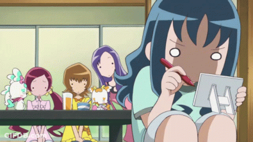 A Girl With Blue Hair Is Holding A Red Pen GIF