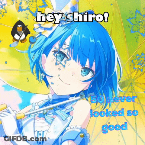 A Girl With Blue Hair Is Holding An Umbrella With The Words Hey Shiro Written Above Her GIF