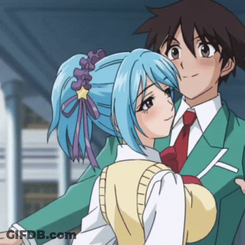 A Girl With Blue Hair Is Hugging A Boy In A Suit GIF