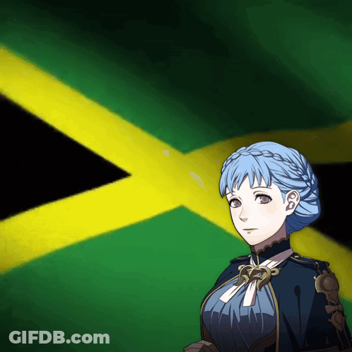 A Girl With Blue Hair Is In Front Of A Yellow And Green Flag GIF