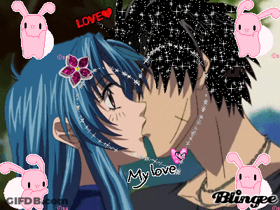 A Girl With Blue Hair Is Kissing A Boy With Black Hair With The Words " My Love " On The Bottom GIF