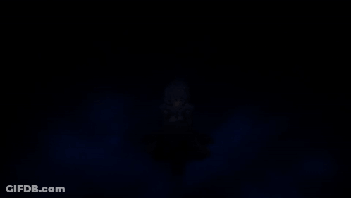 A Girl With Blue Hair Is Kneeling Down In A Dark Room GIF