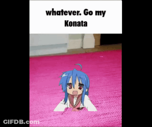 A Girl With Blue Hair Is Laying On A Pink Rug With The Words Whatever Go My Konata Above Her GIF