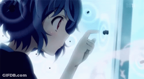 A Girl With Blue Hair Is Looking At A Black Bug On Her Finger GIF