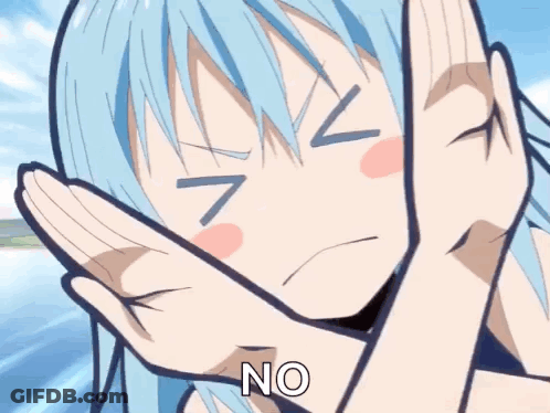A Girl With Blue Hair Is Making A No Gesture With Her Hands . GIF