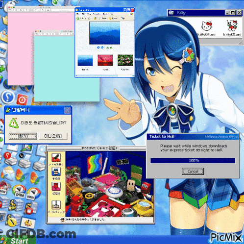 A Girl With Blue Hair Is On A Computer Screen With A Ticket To Hell Message GIF