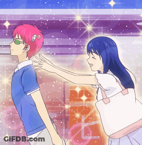 A Girl With Blue Hair Is Reaching Out Towards A Boy With Red Hair GIF