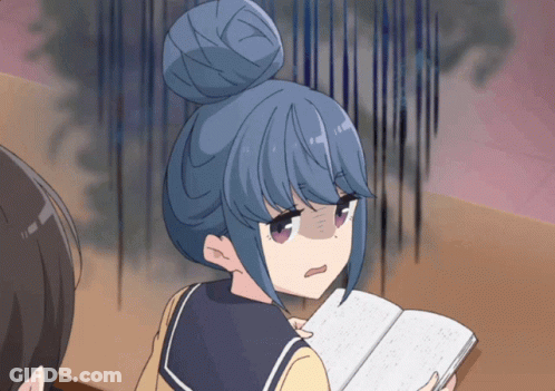 A Girl With Blue Hair Is Reading A Book And Making A Funny Face GIF