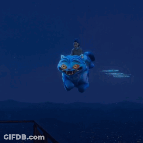 A Girl With Blue Hair Is Riding On The Back Of A Blue Tiger GIF