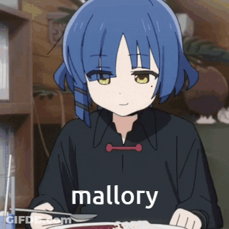 A Girl With Blue Hair Is Sitting At A Table With A Plate Of Food And The Word Mallory On The Bottom Right GIF