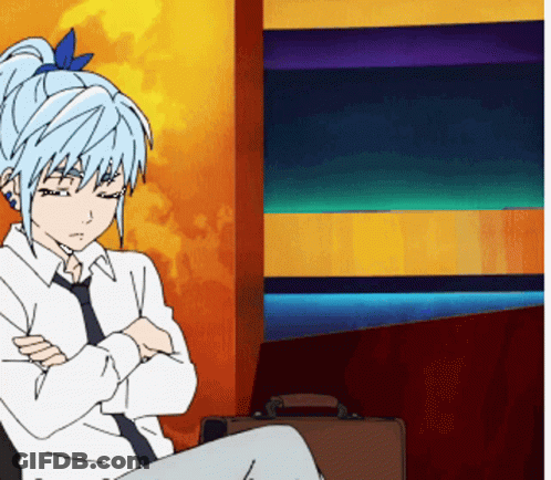 A Girl With Blue Hair Is Sitting In Front Of A Wall With A Briefcase GIF
