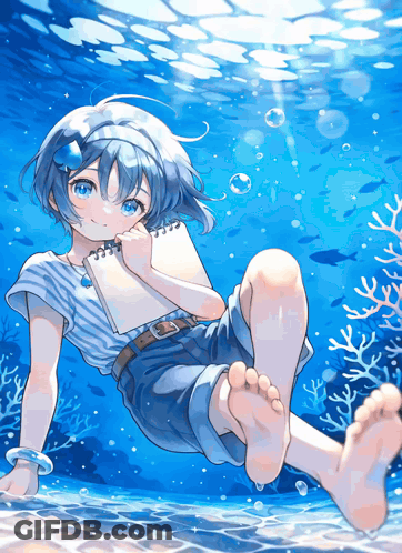 A Girl With Blue Hair Is Sitting In The Water With A Notebook GIF