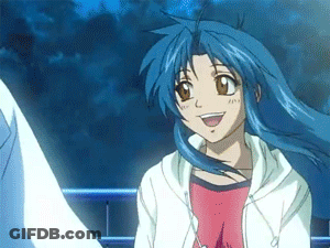 A Girl With Blue Hair Is Smiling And Wearing A White Jacket GIF