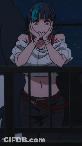 A Girl With Blue Hair Is Standing Behind A Fence With Her Hands On Her Face GIF