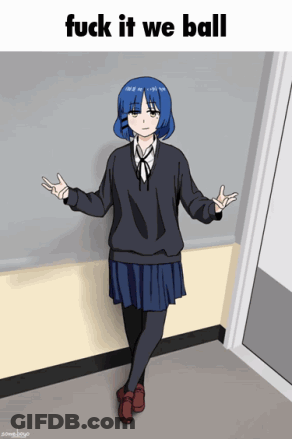 A Girl With Blue Hair Is Standing In A Hallway With The Words Fuck It We Ball GIF