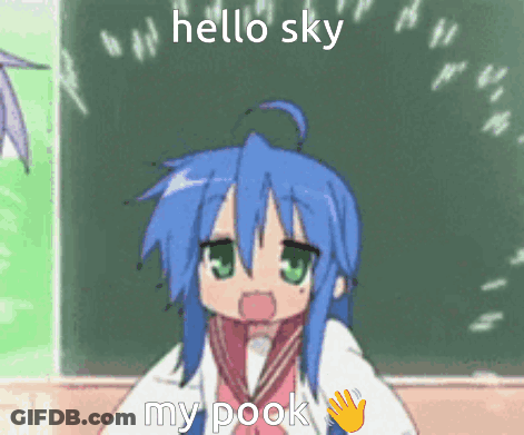 A Girl With Blue Hair Is Standing In Front Of A Blackboard With The Words Hello Sky My Pook GIF