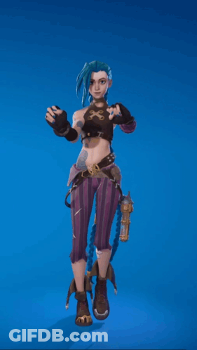 A Girl With Blue Hair Is Standing In Front Of A Blue Background Holding A Gun GIF