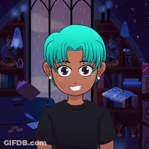 A Girl With Blue Hair Is Standing In Front Of A Shelf With Books And A Crest That Says Gryffindor On It GIF