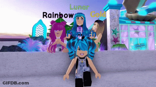 A Girl With Blue Hair Is Standing In Front Of A Sign That Says Rainbow Gold GIF