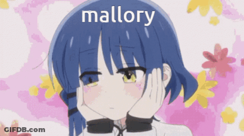 A Girl With Blue Hair Is Standing In Front Of Stairs And The Word Mallory Is On Her Head GIF