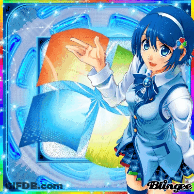 A Girl With Blue Hair Is Standing In Front Of The Windows Logo GIF