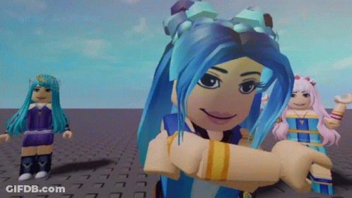 A Girl With Blue Hair Is Standing In Front Of Two Other Girls GIF