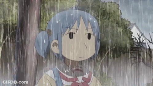 A Girl With Blue Hair Is Standing In The Rain With Trees In The Background GIF